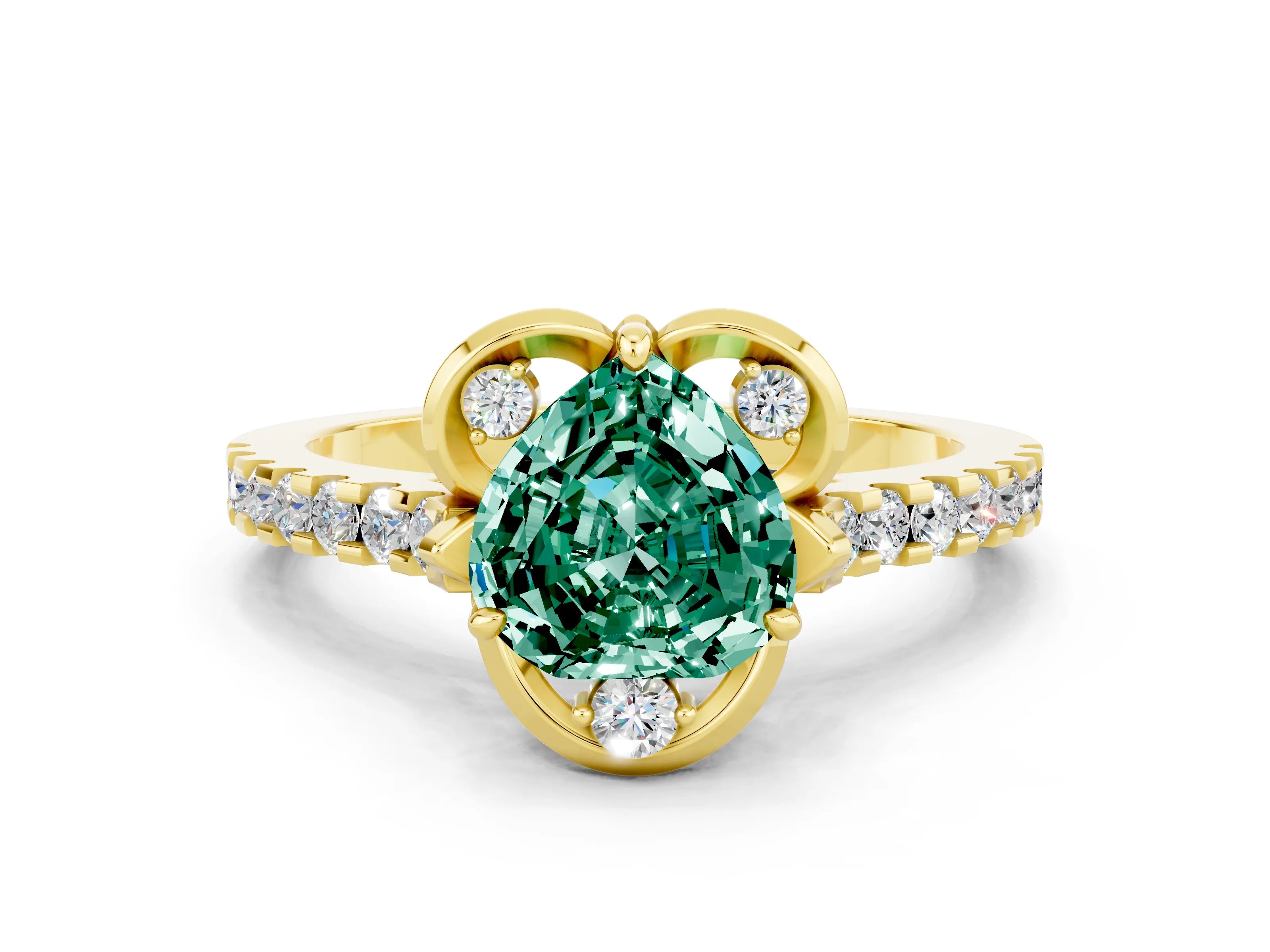 Yellow gold Heart Cut Green Sapphire Ring with Pavé Band and Floral Prong Setting