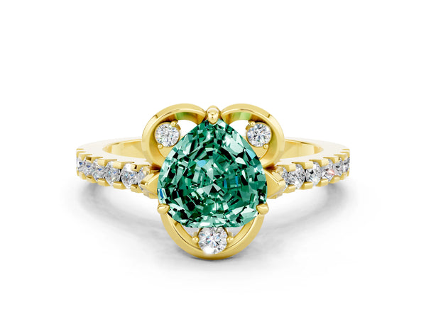 Yellow gold Heart Cut Green Sapphire Ring with Pavé Band and Floral Prong Setting
