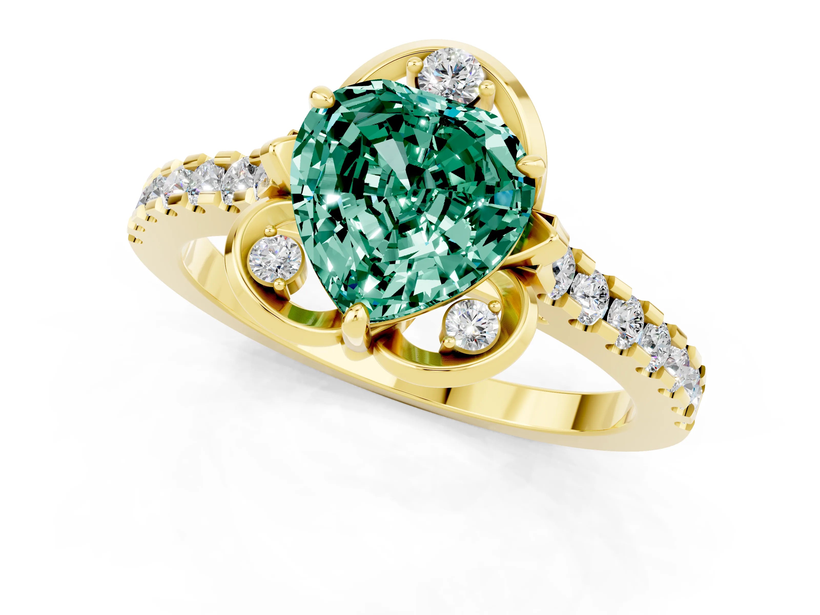 Yellow gold Heart Cut Green Sapphire Ring with Pavé Band and Floral Prong Setting_1