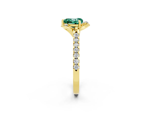 Yellow gold Heart Cut Green Sapphire Ring with Pavé Band and Floral Prong Setting