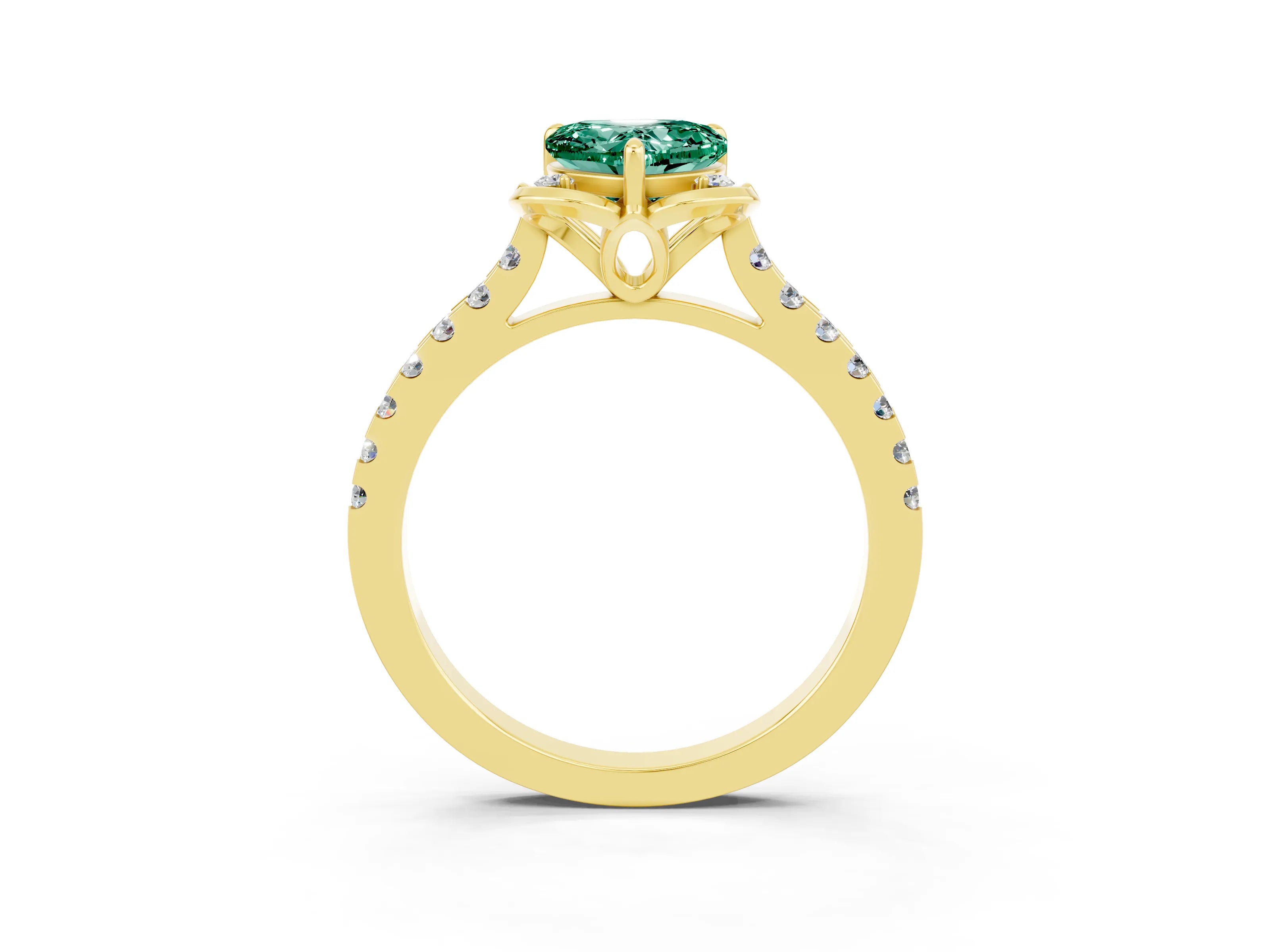 Yellow gold Heart Cut Green Sapphire Ring with Pavé Band and Floral Prong Setting_3