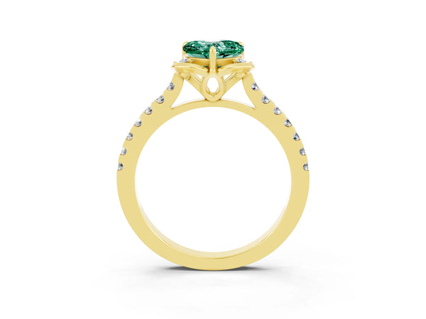 Yellow gold Heart Cut Green Sapphire Ring with Pavé Band and Floral Prong Setting