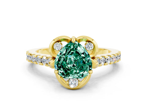 Yellow gold Heart Cut Green Sapphire Ring with Pavé Band and Floral Prong Setting