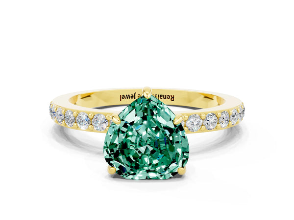 Yellow gold Heart Cut Green Sapphire Pavé Engagement Ring with Round  Accents and Prong Setting