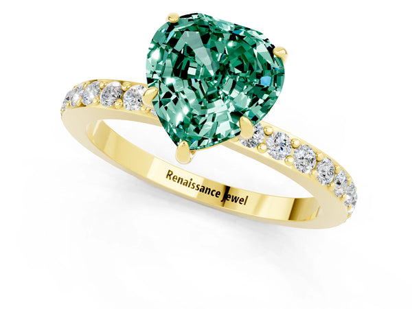 Yellow gold Heart Cut Green Sapphire Pavé Engagement Ring with Round  Accents and Prong Setting