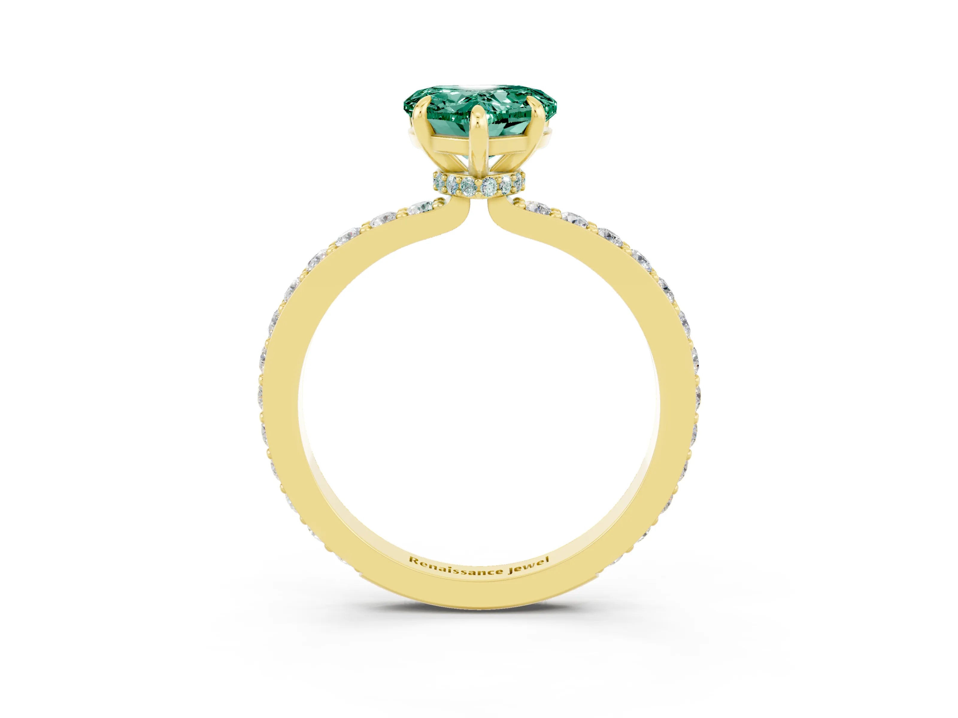 Yellow gold Heart Cut Green Sapphire Ring with Pavé Band and Four-Prong Setting_3