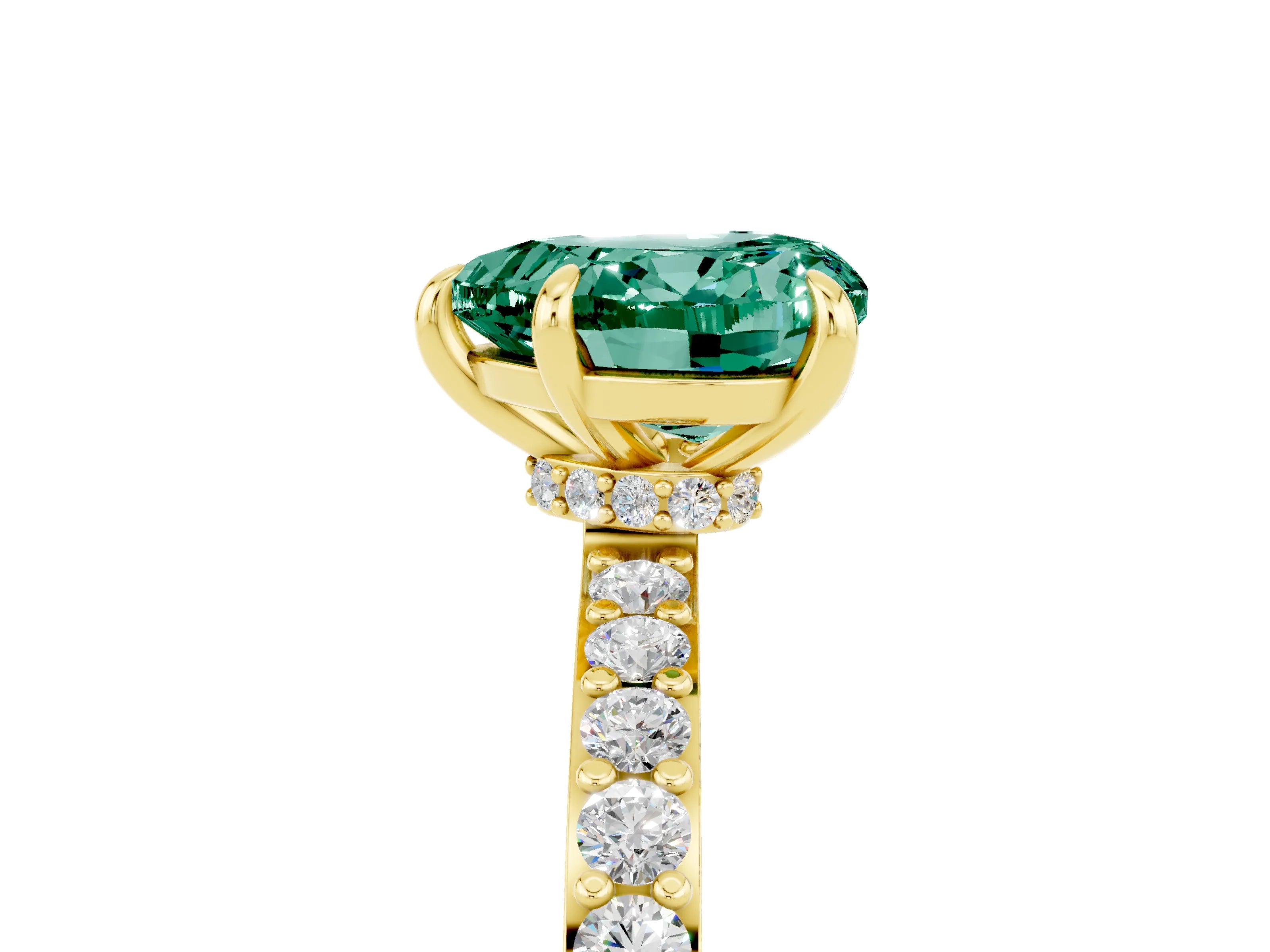 Yellow gold Heart Cut Green Sapphire Ring with Pavé Band and Four-Prong Setting_5