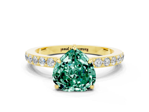Yellow gold Heart Cut Green Sapphire Ring with Pavé Band and Four-Prong Setting