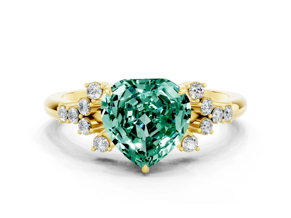 Yellow gold Heart Cut Green Sapphire Ring with Side Stones and Four-Prong Setting