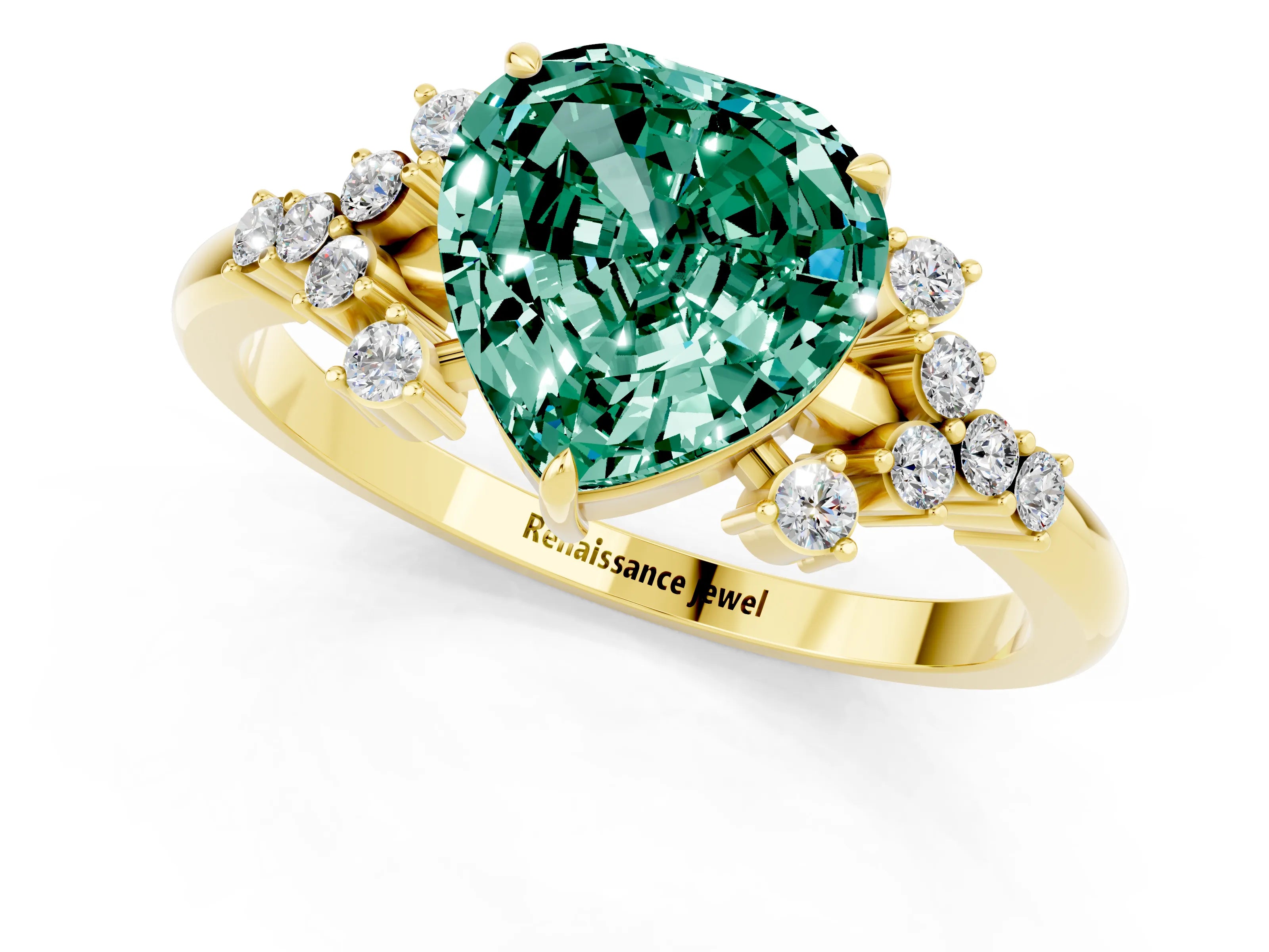 Yellow gold Heart Cut Green Sapphire Ring with Side Stones and Four-Prong Setting_37