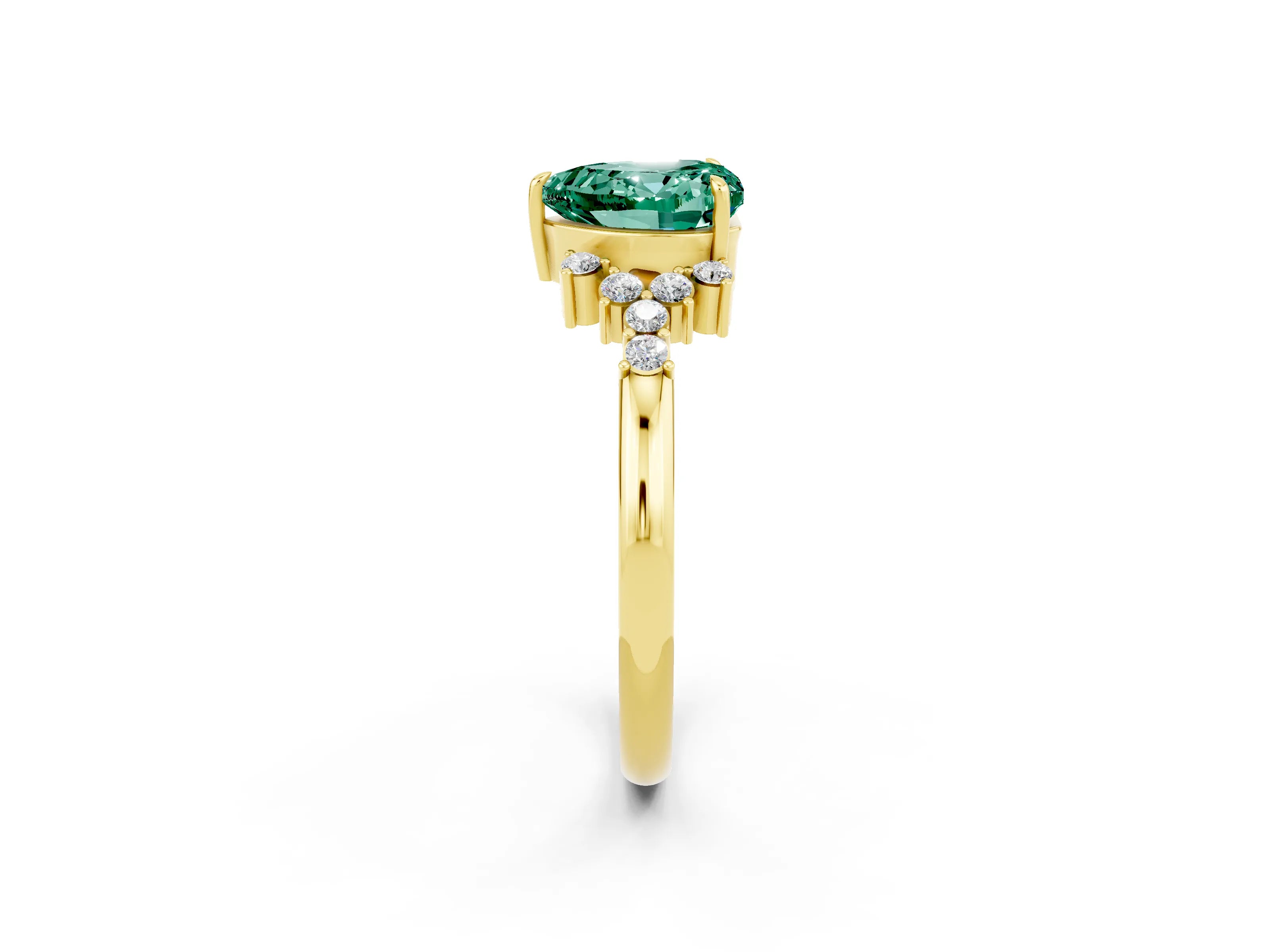 Yellow gold Heart Cut Green Sapphire Ring with Side Stones and Four-Prong Setting_38