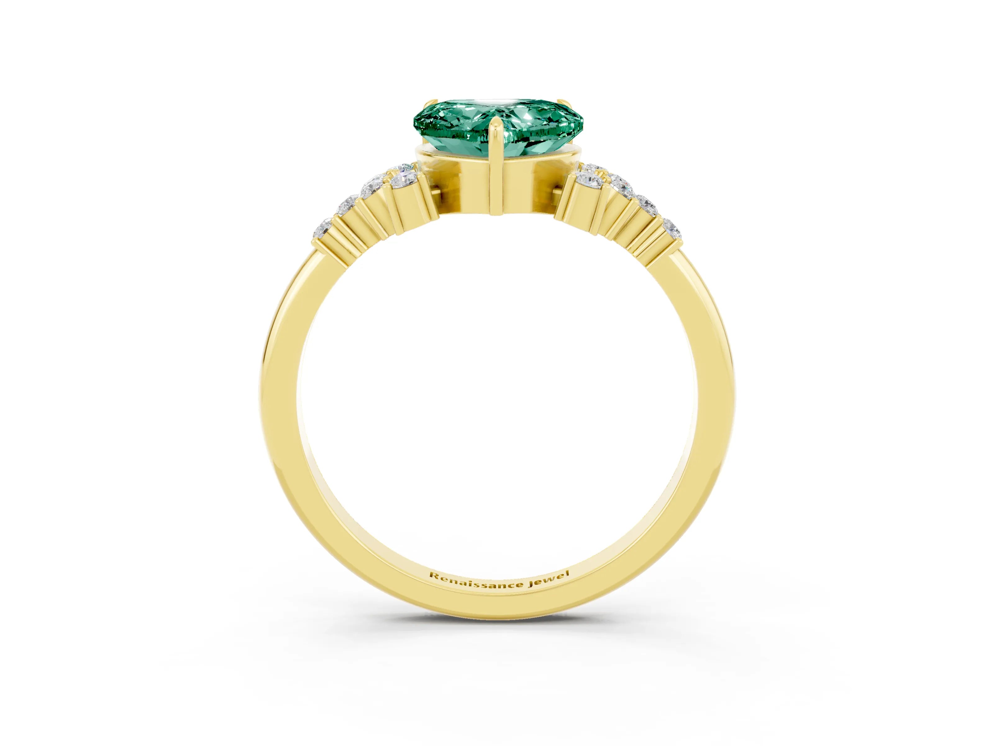 Yellow gold Heart Cut Green Sapphire Ring with Side Stones and Four-Prong Setting_39