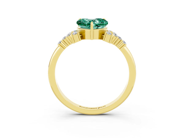 Yellow gold Heart Cut Green Sapphire Ring with Side Stones and Four-Prong Setting