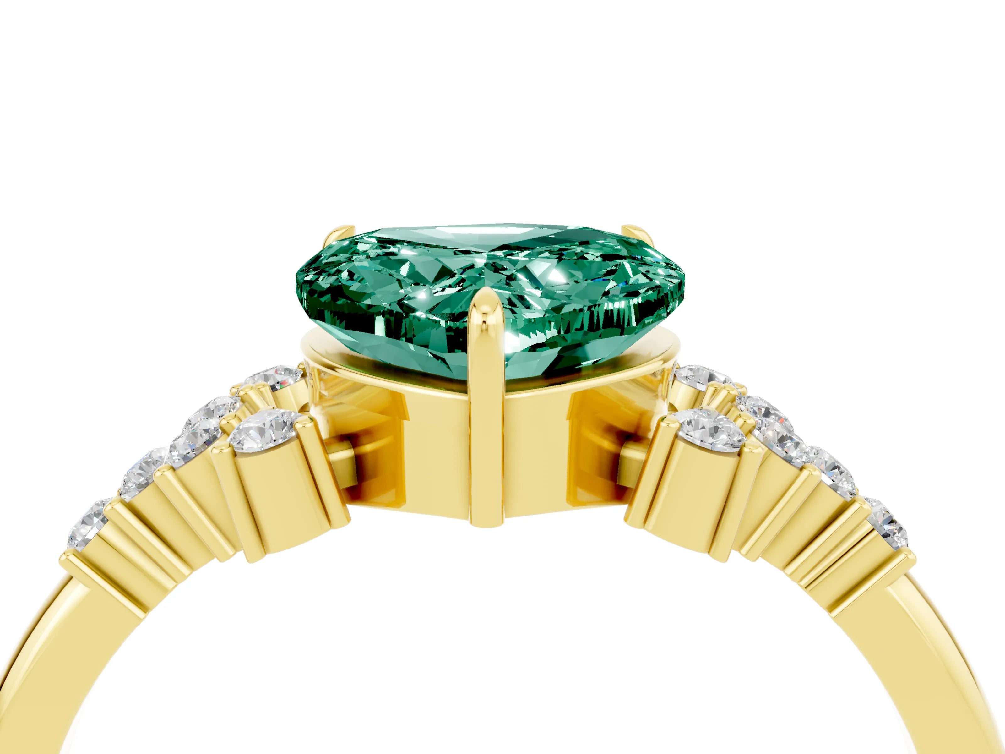 Yellow gold Heart Cut Green Sapphire Ring with Side Stones and Four-Prong Setting_40
