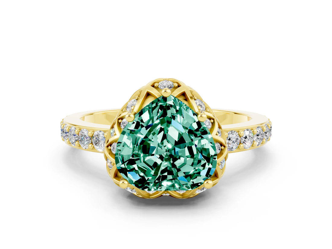 Yellow gold Heart Cut Green Sapphire Scalloped Halo Engagement Ring with Round Shared Prong Band_24