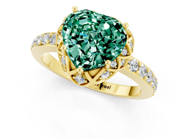 Yellow gold Heart Cut Green Sapphire Scalloped Halo Engagement Ring with Round Shared Prong Band