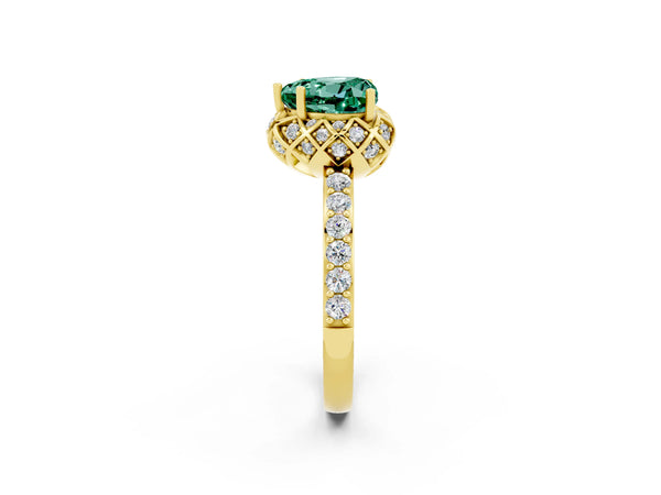 Yellow gold Heart Cut Green Sapphire Scalloped Halo Engagement Ring with Round Shared Prong Band