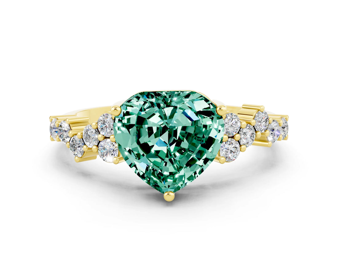 Yellow gold Heart Cut Green Sapphire Scattered Round Accent Ring with Prong Setting_12
