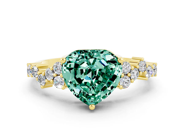 Yellow gold Heart Cut Green Sapphire Scattered Round Accent Ring with Prong Setting