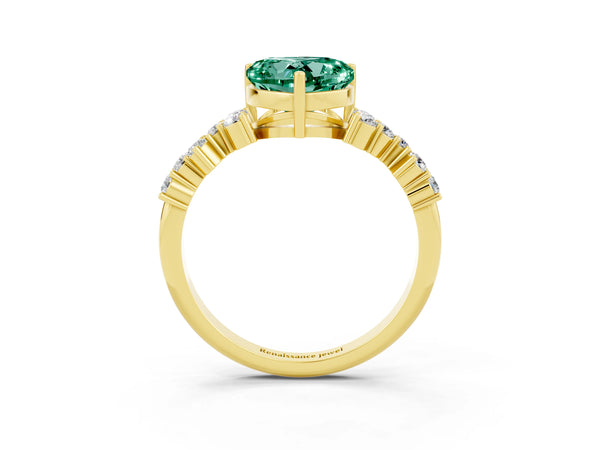 Yellow gold Heart Cut Green Sapphire Scattered Round Accent Ring with Prong Setting