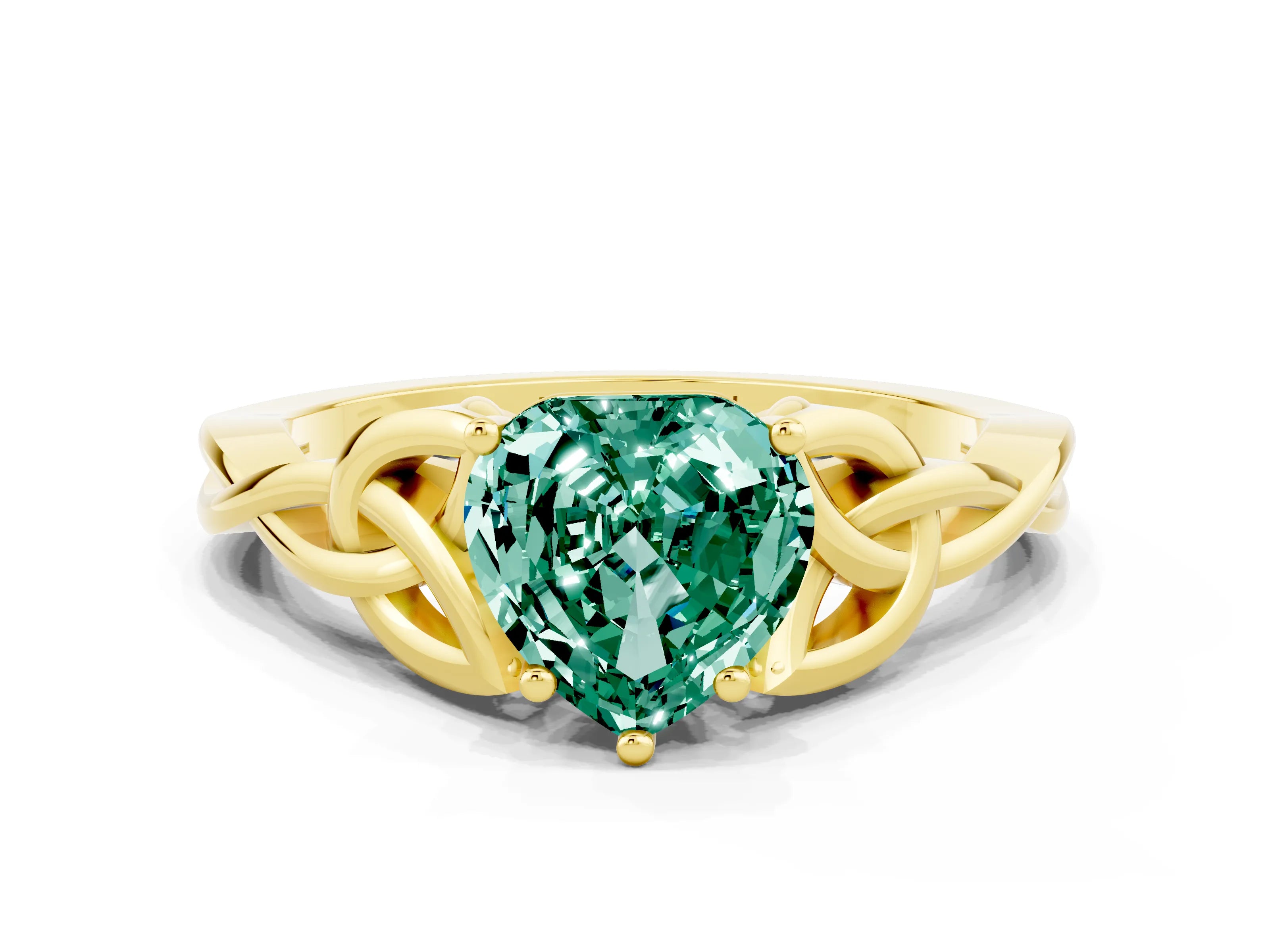 Yellow gold Heart Cut Green Sapphire Solitaire Celtic Knot Ring with Four-Prong Setting_12