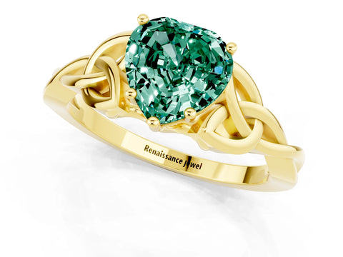 Yellow gold Heart Cut Green Sapphire Solitaire Engagement Ring with Celtic Knot Band and Four-Prong Setting_1