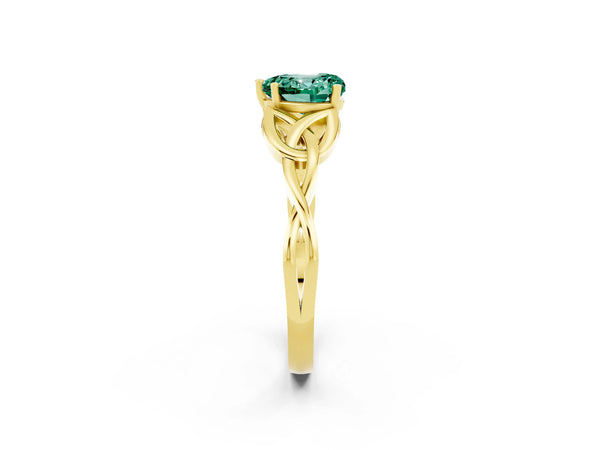 Yellow gold Heart Cut Green Sapphire Solitaire Engagement Ring with Celtic Knot Band and Four-Prong Setting