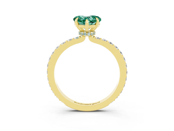 Yellow gold Heart Cut Green Sapphire Solitaire Engagement Ring with Pavé Band and Four-Prong Setting