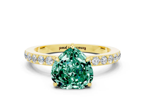 Yellow gold Heart Cut Green Sapphire Solitaire Engagement Ring with Pavé Band and Four-Prong Setting