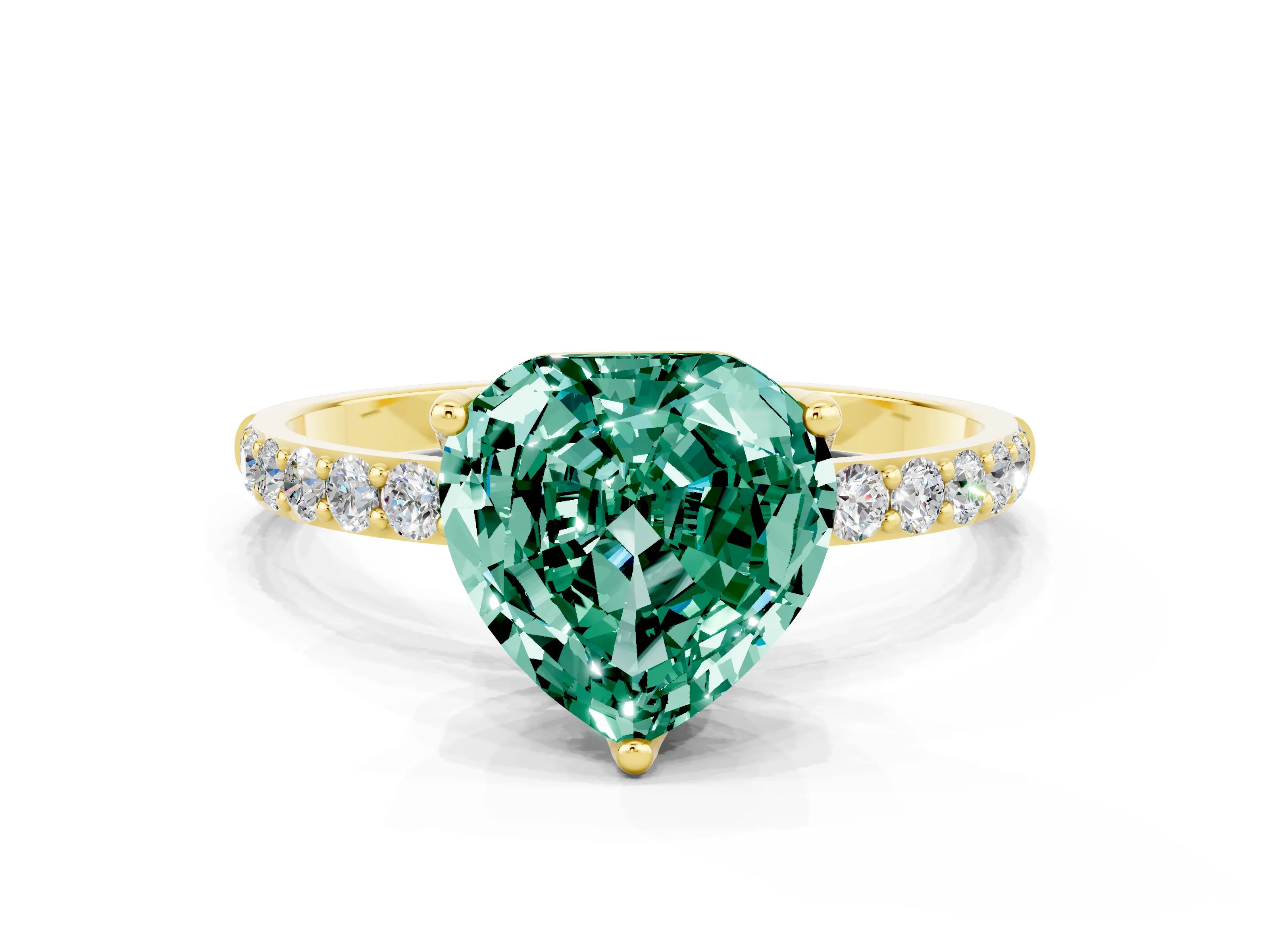 Yellow gold Heart Cut Green Sapphire Solitaire Engagement Ring with Pavé Band and Prong Setting
