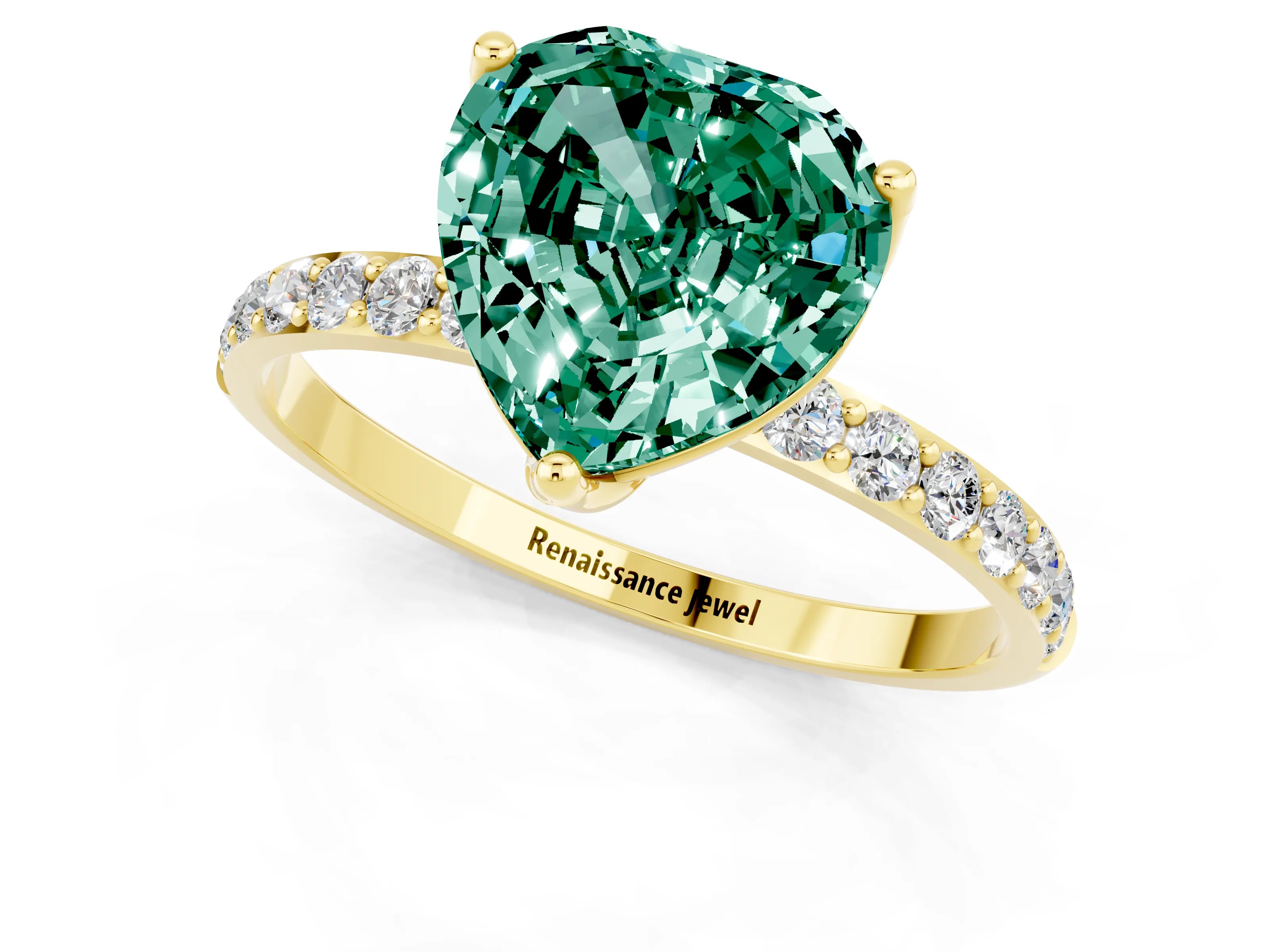 Yellow gold Heart Cut Green Sapphire Solitaire Engagement Ring with Pavé Band and Prong Setting_1
