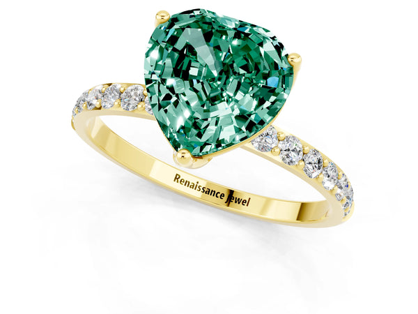 Yellow gold Heart Cut Green Sapphire Solitaire Engagement Ring with Round  Pavé Band and Prong Setting