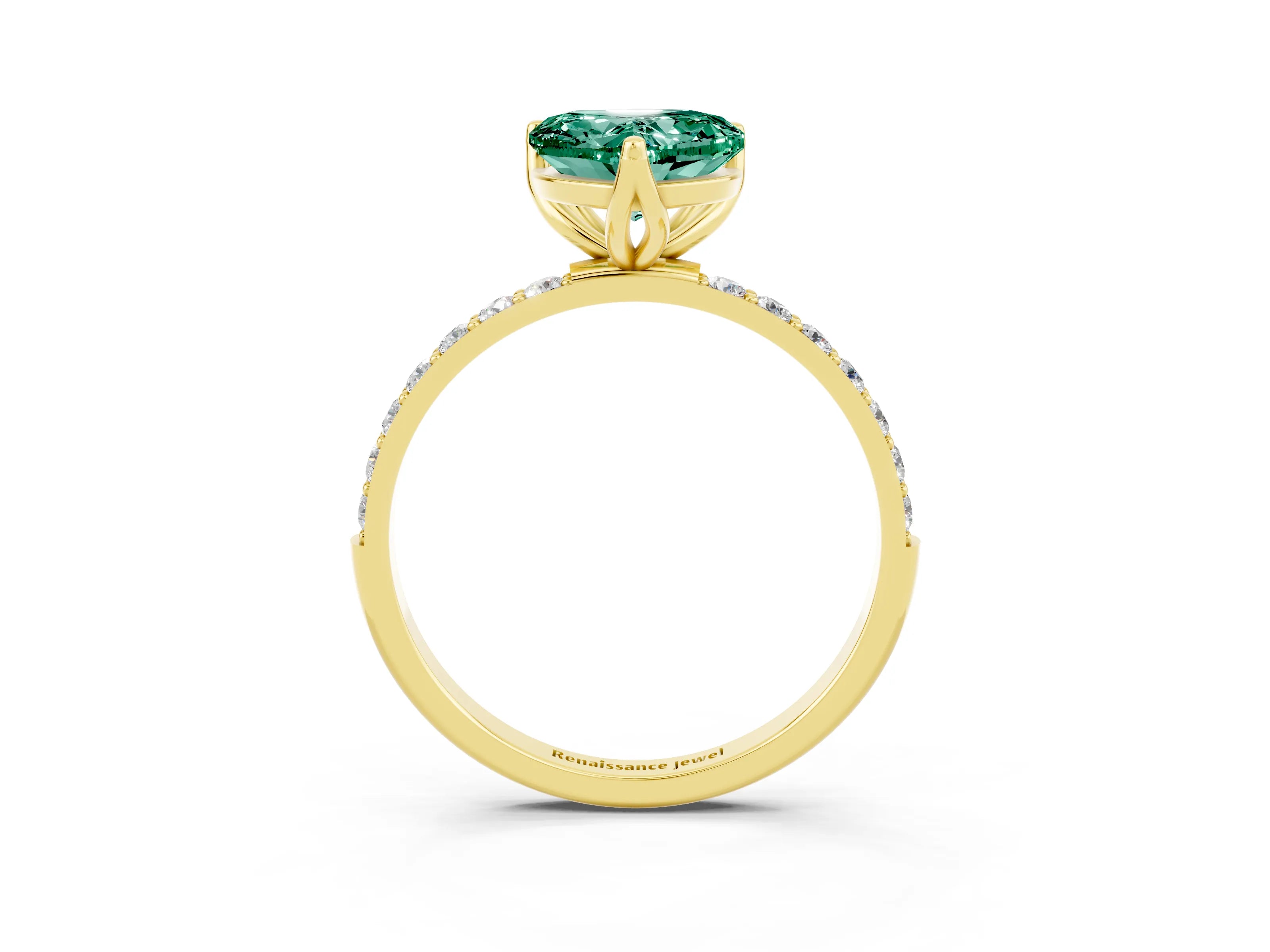 Yellow gold Heart Cut Green Sapphire Solitaire Engagement Ring with Pavé Band and Prong Setting_3