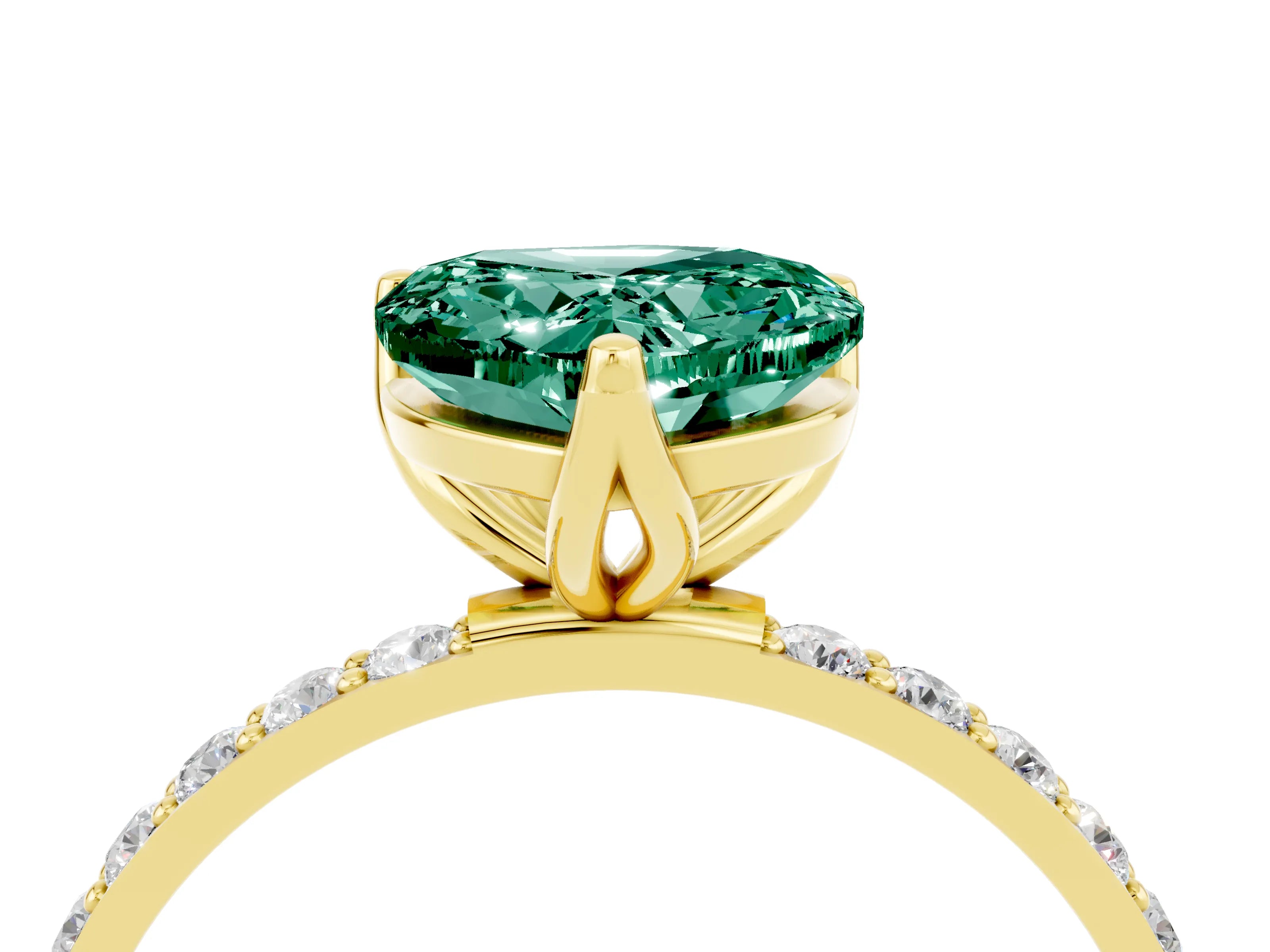 Yellow gold Heart Cut Green Sapphire Solitaire Engagement Ring with Pavé Band and Prong Setting_4