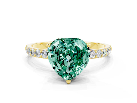Yellow gold Heart Cut Green Sapphire Solitaire Engagement Ring with Pavé Band and Prong Setting