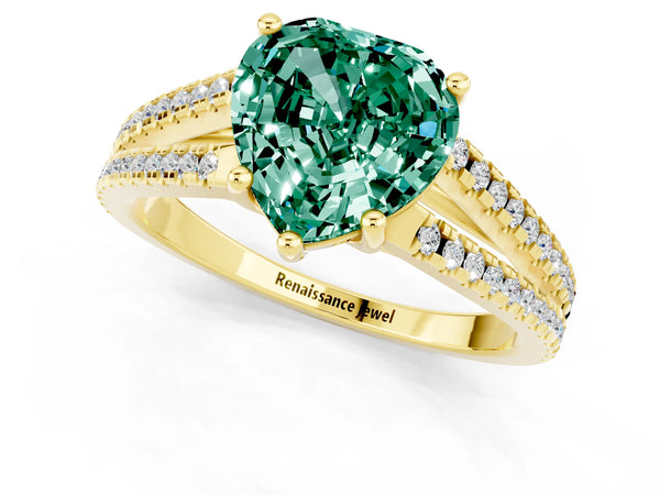 Yellow gold Heart Cut Green Sapphire Solitaire Engagement Ring with Split Shank Pavé Band