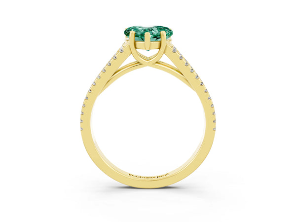 Yellow gold Heart Cut Green Sapphire Solitaire Engagement Ring with Split Shank Pavé Band