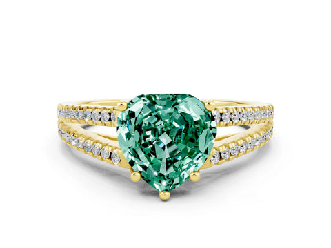 Yellow gold Heart Cut Green Sapphire Solitaire Engagement Ring with Split Shank Pavé Band