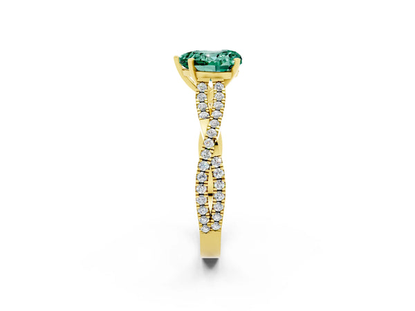 Yellow gold Heart Cut Green Sapphire Solitaire Engagement Ring with Twisted Pavé Band and Four-Prong Setting