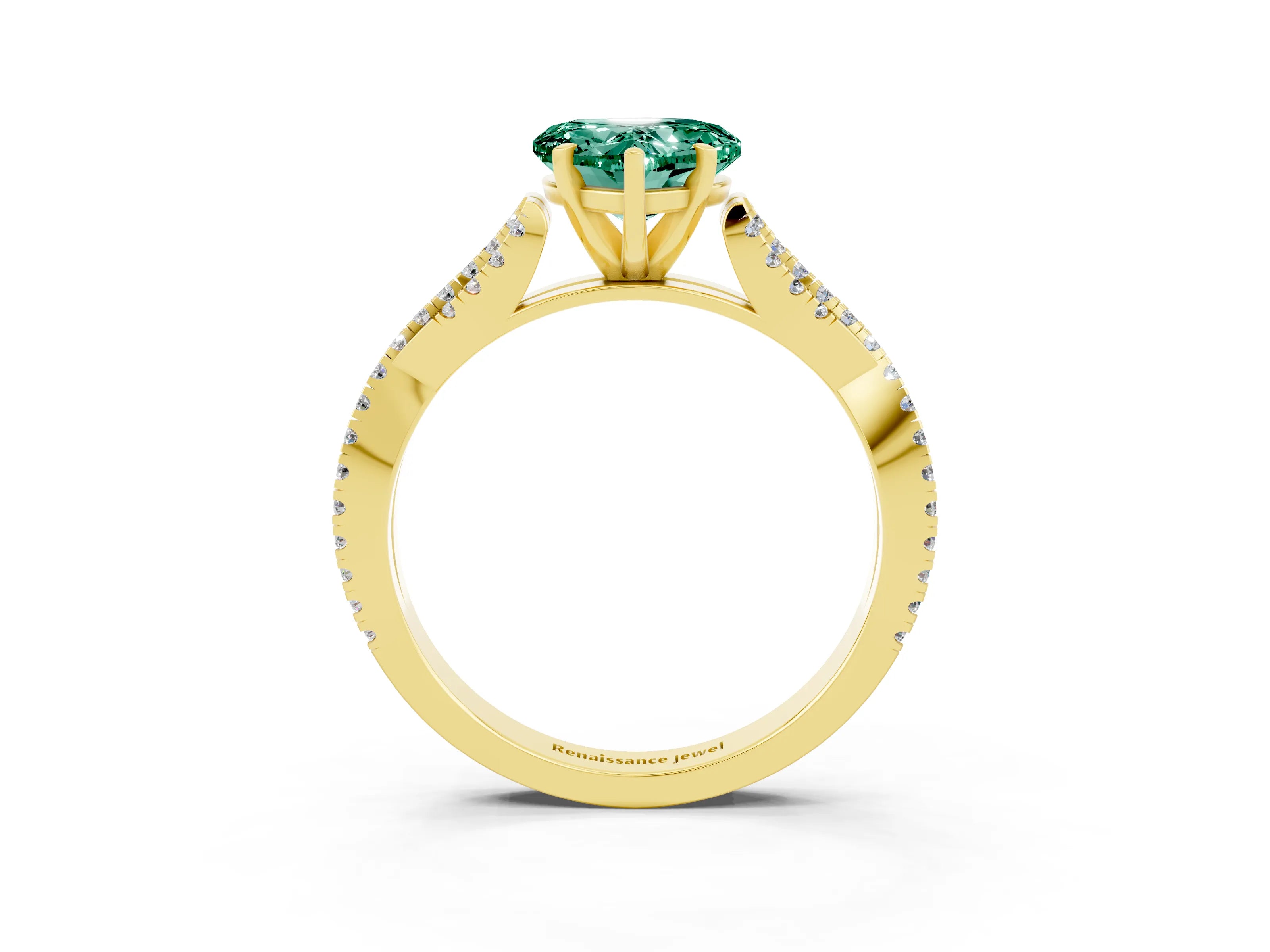 Yellow gold Heart Cut Green Sapphire Solitaire Engagement Ring with Twisted Pavé Band and Four-Prong Setting_15