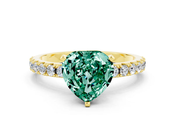 Yellow gold Heart Cut Green Sapphire Solitaire Pavé Band with Four-Prong Setting