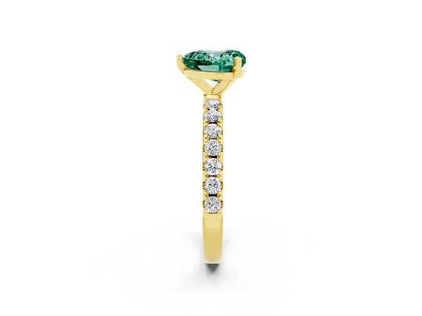 Yellow gold Heart Cut Green Sapphire Solitaire Pavé Band with Four-Prong Setting
