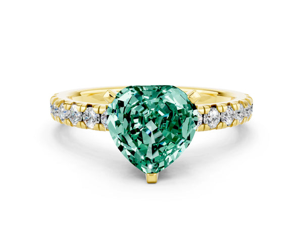Yellow gold Heart Cut Green Sapphire Solitaire Pavé Engagement Ring with Round Band and Prong Setting