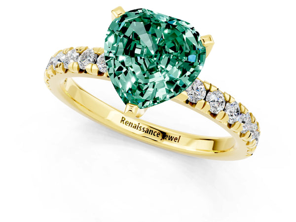 Yellow gold Heart Cut Green Sapphire Solitaire Pavé Engagement Ring with Round Band and Prong Setting