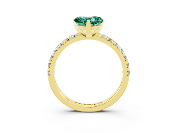 Yellow gold Heart Cut Green Sapphire Solitaire Pavé Engagement Ring with Round Band and Prong Setting