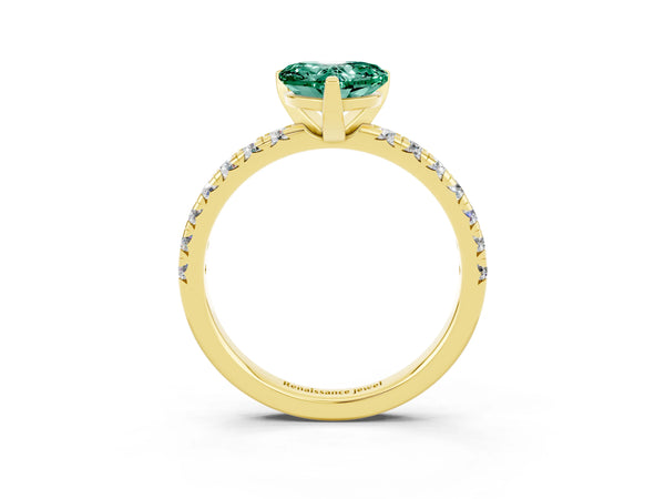 Yellow gold Heart Cut Green Sapphire Solitaire Pavé Engagement Ring with Round Band and Prong Setting
