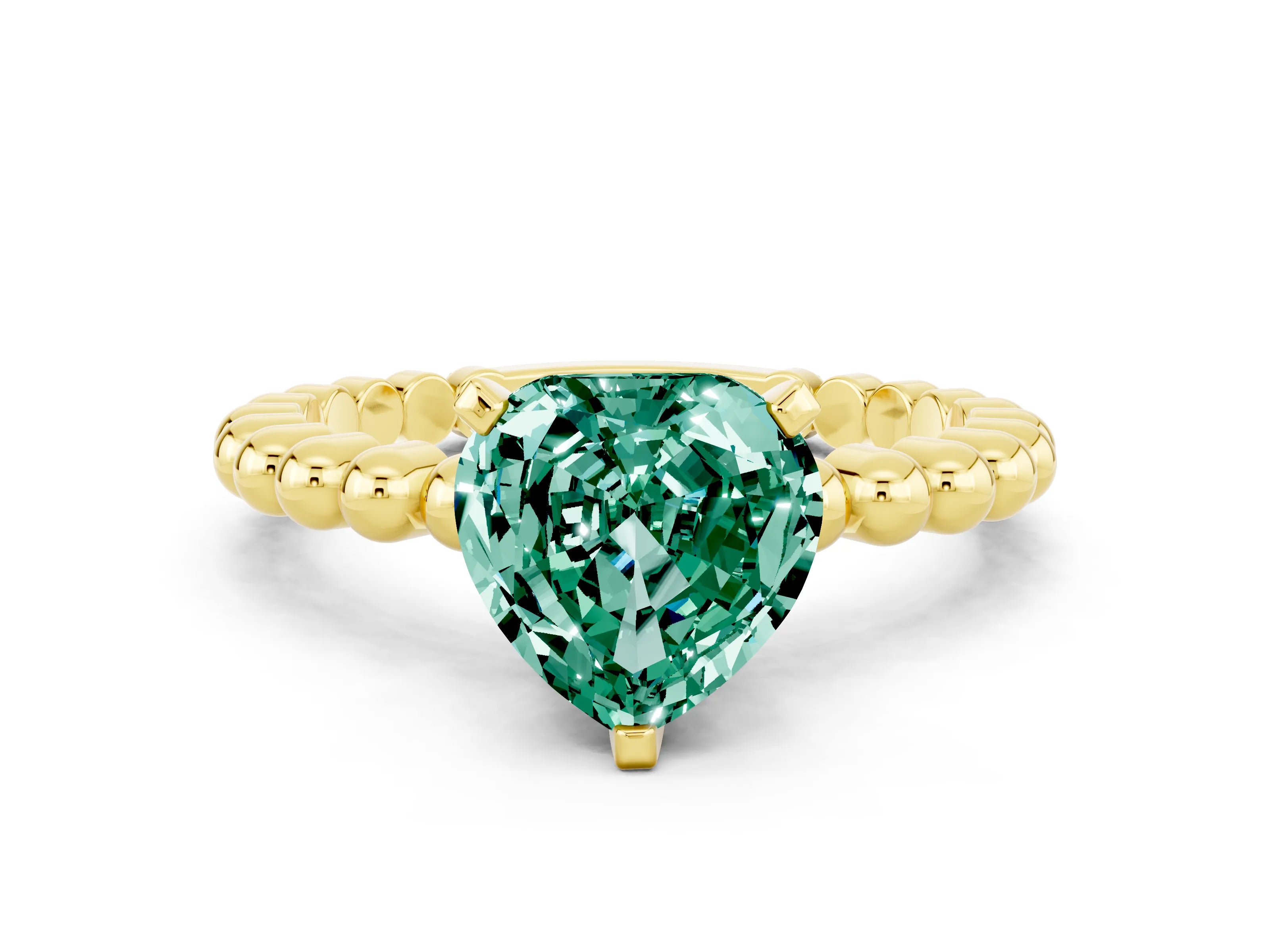 Yellow gold Heart Cut Green Sapphire Solitaire Ring with Beaded Band and Prong Setting
