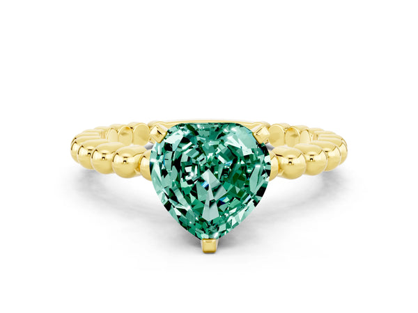Yellow gold Heart Cut Green Sapphire Solitaire Ring with Beaded Band and Prong Setting