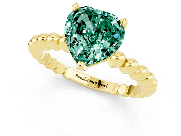 Yellow gold Heart Cut Green Sapphire Solitaire Ring with Beaded Band and Prong Setting