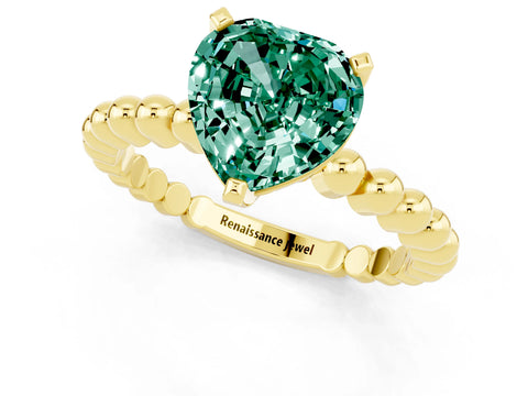 Yellow gold Heart Cut Green Sapphire Solitaire Ring with Beaded Band and Prong Setting_1